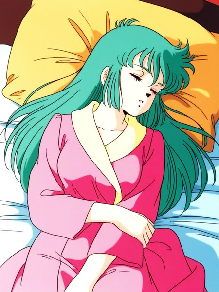 general,highres, ultra-detailed,very aesthetic,best quality ,best hands, BREAK <lora:Ciela_Lapana_gown_IS:0.8>
Ciela_Lapana(gown), 1girl, solo,  long hair, green hair, bangs, medium breasts,
pink gown, robe,
1980s (style), anime coloring,
sleeping, closed eyes, lying, parted lips, v arms,
bed,