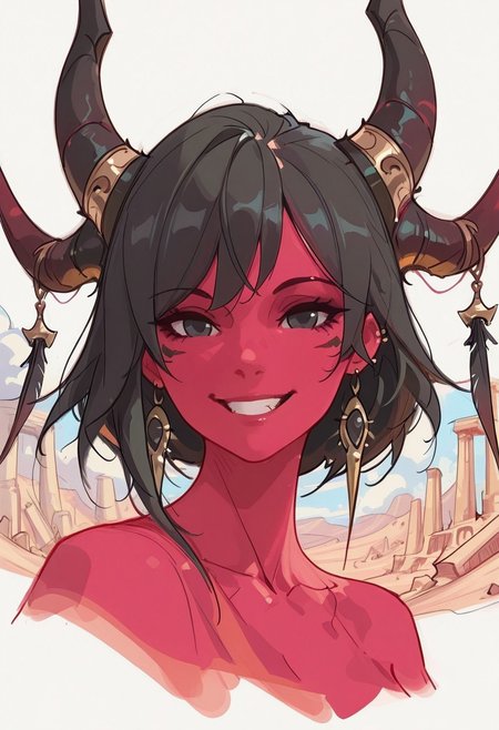(concept art, unfinished, sketch:1.5), 1girl, close up, portrait, dynamic pose, detailed eyes, black eyes, black hair, earrings, horns, red skin, horn ornaments, feathers, grin, desert, ruins, looking at viewer, 