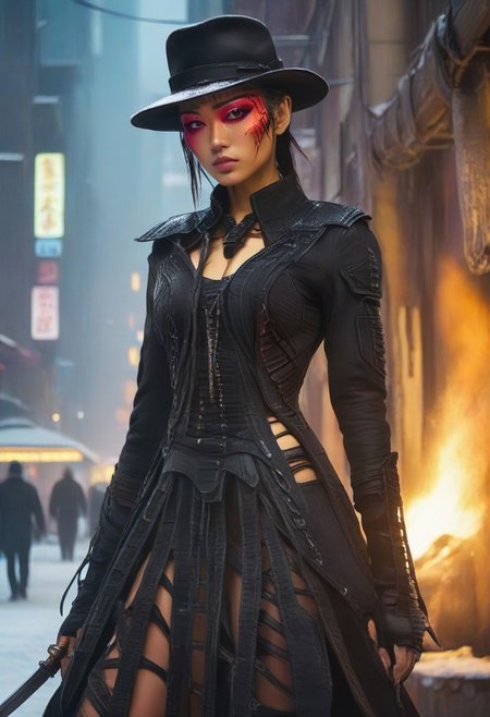 ((masterpiece, best quality, highly detailed)), cowboy shot, an asian skinned woman, stunning looks, demobaza, demobaza, The Hateful Eight film style, ((tall hat:1.3)), ((swords, (((flaming sword))), sword in each hand, sword in both hands:1.5)), wearing an unusual dress, black combat boots, in the city, cyber punk background, neon lights, short hair, brown eyes, demobaza, cyberpunk style, cyberpunk