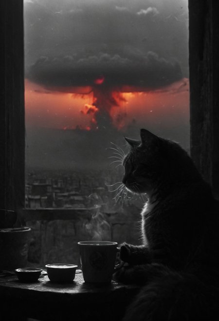 Red and Grey color graded glamour portrait photo of a cat sipping on a coffe mug. infront of a nuclear mushroom cloud in the far, the end of humanity, perfect, almost ethereal, mysterious. Absurdres, 8K, UHD, many details, extreme detailed, full of details, Wide range of colors, HDR.. desert storm backdrop. throwing a translucent red/tanslucent purple/black, weapon, katana, holding katana, atmospheric haze, Film grain, cinematic film still, shallow depth of field, highly detailed, high budget, cinemascope, moody, epic, OverallDetail, gorgeous, 2000s vintage RAW photo, photorealistic, candid camera, color graded cinematic, eye catchlights, atmospheric lighting, skin pores, imperfections, natural, shallow dof,