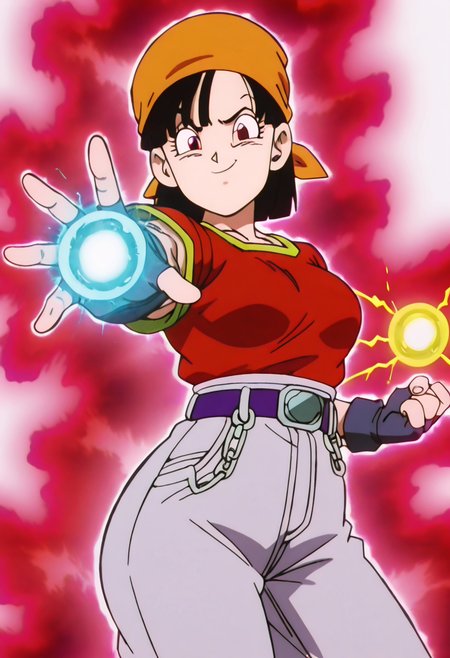 masterpiece, best quality, 1girl, solo, eyelashes, (beautiful eyes),    zzPan, black hair, short hair,  bandana, fingerless gloves, red shirt, denim jeans,  energy ball, charging energy, electricity ,smug, outstretched hand, red aura, aged up, large breasts, wide hips, ,<lora:DBSBroly_Style_IXL_v2:0.8>  ,<lora:PanDBGT_IXL:1.0>,