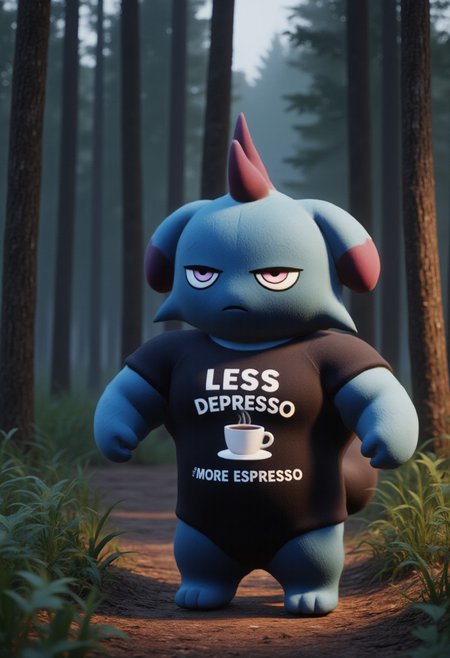 Anthroid blue Depresso standing in forest at night. Depresso is wearing a black t-shirt with white text "LESS DEPRESSO, MORE ESPRESSO" with a coffee mug logo in center