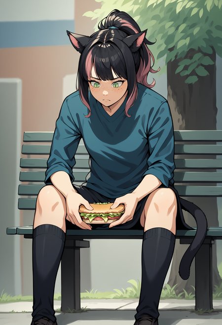 score_9, score_8_up,score_7_up, source_anime, solo, 1girl, 
sdknpb, sitting on bench, outdoors, park bench, hand on own knee, sad, leaning forward, holding, holding food, sandwich, looking down, 
 xivmc, animal ears, two-tone hair, ponytail, green eyes, slit pupils, freckles, cat tail
<lora:sdknpb_pdxl_EliPot:1>  <lora:clamXIVMC_v31:1>