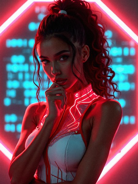 A photorealistic image of a brown skinned voluptuous woman in a white and red outfit, standing in front of a flickering digital binary codes and  glowing neon octagon pattern. The vibrant neon lights reflect off her intricate detail of her outfit and ponytail curly hair, adding a surreal glow to her figure.
She is wearing intricate detail of Fitted bodice with glowing neon circuits and fiber optic shoulder wraps.

Holding one hand to her mouth, her gaze fierce as her eyes lock onto the viewer.

Photorealistic Aesthetics:
Fine texture on her white and red top, with neon reflections casting depth.
Subtle lighting on her neck, enhancing the surreal atmosphere.
Detailed shadowing on her face.
Soft focus on the neon reflections around her hair strands.








