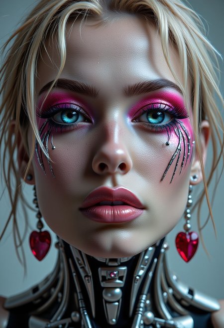 A close-up portrait of a beautiful Slavic woman with a dash of Asian blood. She has a few minimal implants, and mechanical limbs with Ceramic composite cyborg appendages with smooth porcelain-like surface, minimalist design, pearlescent sheen. Bright makeup adds expressiveness to her face. Bright pink eyeshadow and lip gloss of the same color, eyes heavily lined with black. Long black eyelashes frame bright sky-blue eyes that look boldly at the viewer. A snub nose gives her face a sweet look. Short blond hair is styled in a bob. A wide choker made of steel weave is worn around her neck. Massive dangling heart-shaped earrings made of blood-red ruby aacomplete the look.