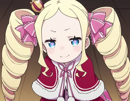 score_9, score_8_up, score_7_up, source_anime, <lora:rezero-beatrice-s3-leak-ponyxl-lora-nochekaiser:1>, beatrice, long hair, blue eyes, blonde hair, twintails, hair ribbon, sidelocks, symbol-shaped pupils, drill hair, twin drills,, dress, ribbon, fur trim, capelet, crown, mini crown, red capelet, frills, bowtie,, indoors, bent over, smile, smug, looking at viewer, solo,, cowboy shot, dutch angle