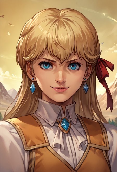 score_9, score_8_up, score_7_up, source_anime,
, (best quality) , (highly detailed) ,masterpiece ,absurdres ,detailed face ,beautiful face ,
<lora:pony_xl_Hildegard:0.8>, Hildegard, score_9, score_8_up, 1girl, mature female, kawaii, solo, long hair, earrings, dark-blonde hair, female adventurer outfit, hair ribbon, gloves, cleavage, black pants, dynamic pose, dynamic angle, light smile, happy, looking at  viewer, mountain landscape,
best quality, masterpiece, very aesthetic, portrait, upper body,
OverallDetail