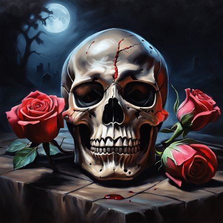 Majestic tb oil painting, skull, red rose, grave yard, night, low key lighting,  UHD 4k High resolution, cinematic style, photorealism, <lora:ThickBrush:0.4>