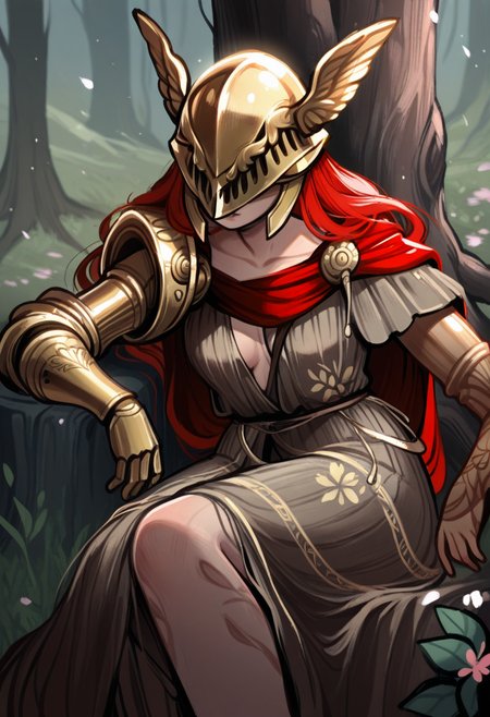 d0p4style,  masterpiece,  best quality, solo, MALENIA, golden helmet, robe, bronze arm, sitting under  a tree blossom,