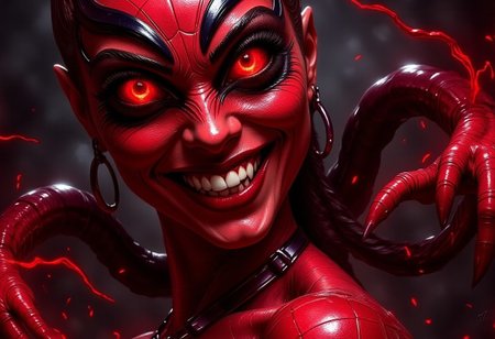Gorgeous spider lady merging her whole  body from neck down with a dark red carnage symbiote, dark red glossy makeup, evil smirk, dark red lips, enhanced dark red eye makeup, evil demonic detailing, dark red symbiotic eyes, surrounded by an engulfing darkness.