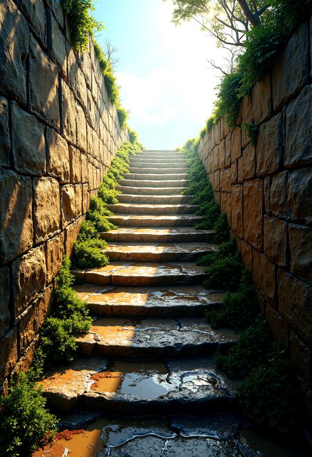 photorealistic image of a stairway to heaven from a far,curvy pathway, birds eye view, wet surrounding, moss grow on wall surface, crack stairs, sandy stairs surface,  background revealing bright lights, fluffy clouds, etherial atmosphere, detail stairway steps made of cobblestone, roman architecture, godrays, rainbow lens flre, weeds growing between stairs, extremely intricate detail, imperfect architecture, detailed wet pavement, prehistoric places

in POV




 














