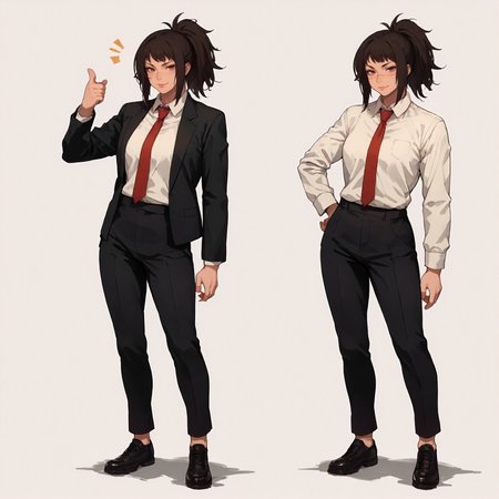 solo, simple background.    <lora:Character CSM Michiko Tendo v2:1> csmt3ndo, (face scar:0.8), 1girl, full body, shirt, necktie, ;p, thumbs up, score_9, score_8_up, score_7_up, score_6_up, score_5_up, score_4_up, masterpiece, detailxl. BREAK
