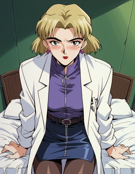 score_9, score_8_up, score_7_up, source_anime,
ritsukoakagi,  <lora:ritsuko-akagi-classic-ponyxl-lora-nochekaiser:1>,
ritsuko akagi, short hair, blonde hair, mole, mole under eye, parted bangs, green eyes,
lipstick, skirt, jewelry, pantyhose, earrings, belt, pencil skirt, labcoat, shirt, purple shirt, turtleneck, zipper,
indoors, bed, bed room, on side, blush, drunk,
cowboy shot, looking at viewer, solo, dutch angle,