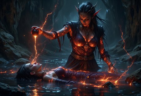 A hyper-realistic portrait, photorealistic photo close-up image of  a pretty young tiefling woman, lies bound on an altar in midst of a corrupted magic dark pool, in a cultsts cave. Her once beautiful and alluring feminine bard clothes are torn and dirty, as is her lifeless body. Standing partially submerged in front of the altar is  a graceful mystical ritualist villainess, her dark raven black hair cascading down her back in intricate braids, her paleskin bearing the reflections of the corrupted pool over her face, arms and chest. She wears a tattered set of reveaeling mystic cultist ritualist robes. In one hand, she clutches a magic orb of dark crystal. In the other she poors a goblet of the corrupted liquid crackling with malevolent energy over her body that glistens with vibrant magic light through the vast network of runic tattoos all over her body. The sacrifice is complete, and the mysterious woman brims with sinister malevolence, but the power she exerts is equal parts seductive as it is evil. (photography, high-resolution, dynamic, energetic,hyper-realistic, dramatic lighting, shallow depth of field.), MythP0rt<lora:DnDDarkestFantasy:0.5><lora:FluxMythP0rtr4itStyle:0.75><lora:Dever_Flux_Enhancer:0.5><lora:Aura_Flux-000010:0.6>