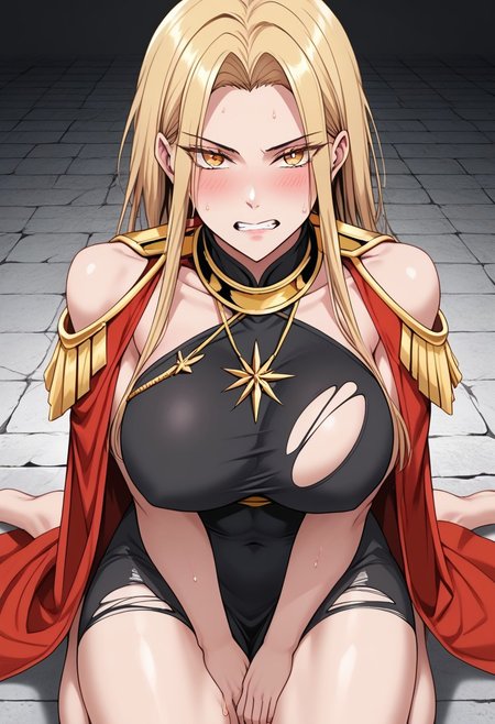 score_9, score_8_up, score_7_up,  source_anime, rating_explicit, 1girl, breasts, skirt, thighhighs, solo,1girl, breasts, Victoria,1girl,  mature female, (huge breasts:1.3),(military uniform:1.3), red coat, black thighhighs, gloves, red skirtred_cape, blonde_hair, solo, long_hair, cape, dress, clenched_teeth, small_head, yellow_eyes, glaring, looking_at_viewer, angry, stone_floor, teeth, kneeling, (black_dress:1.5), barefoot, covered_navel, covered nipples,sweat, scowl, parted_bangs, thighs, bare_legs, covered_breasts, bangs, sitting, v-shaped_eyebrows, blush, japanese animation, absurdres, toned, black_hair_tie, high contrast, aesthetic, toned, vivid color, muscular, (wide_shoulders:1.2), (tall_girl:1.2), wide hips, 2d, thighs, beautiful, sexy, black_clothes, crossed arms,cute_face,open_mouth,bangs, (thick_thighs:1.2), (huge_hips:1.2), (large shoulders:1.2), finely detailed beautiful eyes, finely detailed face,delicate facial features, (tall:1.4), small head,  beautiful eyes and detailed face,toned,(healthy_body:1.2), (best quality, high quality, masterpiece, hyper detail, detailed face,detailed_eyes,detailed_pupils:1.3), collarbone, (detailed_eyes:1.5) ,(masterpiece:1.7),(high quality:1.7), same_eyes,same_pupils,(clear:1.5), detailed_eyes, collarbone, bangs, detailed_eyes, black_clothes, detailed_arms, amazing quality, (large_shoulders:1.4), epaulettes, wariza, (torn_clothes:1.5), upper body, covered_shoulders, muscle