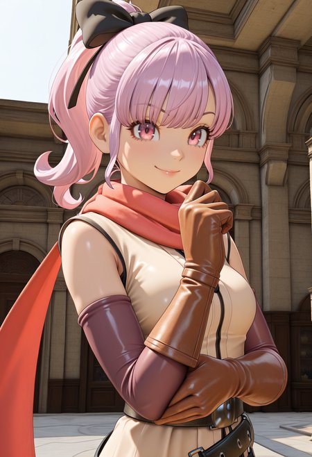 masterpiece, best quality, very aesthetic, absurdres, 1girl, solo,
<lora:dqh2_teresa_v01:0.8>, dqh2_teresa, teresa_normal, pink hair, ponytail, pink eyes,
hair bow, scarf, short dress, gloves, leather gloves, belt, (smile:0.7), posing, upper body