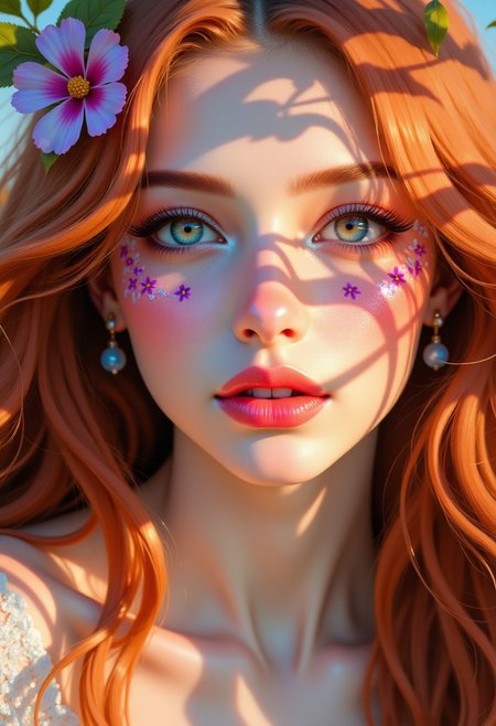 Photorealistic digital painting of an ethereal woman with long flowing red hair,  a porcelain-like, extremely pale complexion and natural warm blush on her cheeks. She has blush-toned eyeshadow and delicate, ethereal facial features. Her face is adorned with a stylish face painting that make her look otherworldly and psychedelic.  The artwork is highly detailed, with a soft, realistic lighting style that enhances the warm undertones in her skin.