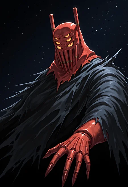 shimada_death, upper body, from angle, outstretched arm, show hand, (extra eyes:0.8), cloak, stakes_mask, one stakes_skull, solo, space background, sharp fingernails, (no humans), stakes on fingers, joints, 
,masterpiece,best quality,amazing quality