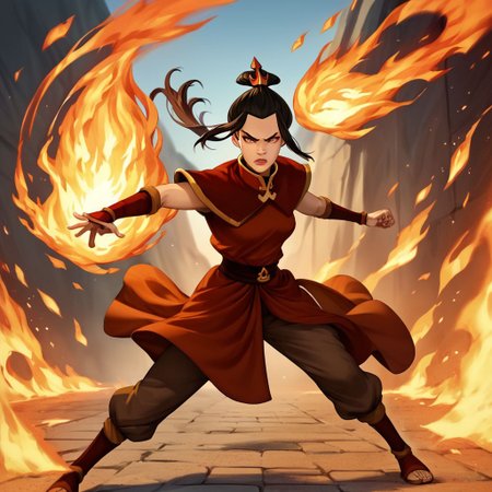 score_9, score_8_up, score_7_up, score_6_up, score_5_up, score_4_up, rating_safe, 1girl, Azula, fighting stance, surrounded by fire