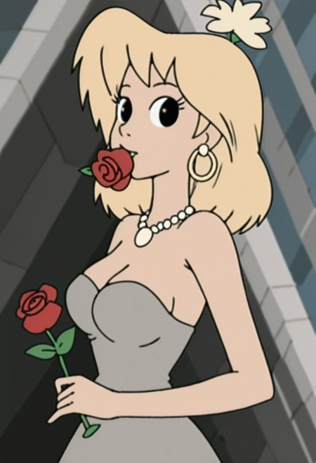 woman, tiffany, kangoo,1girl, jewelry, flower, solo, earrings, blonde hair, dress, necklace, breasts, rose, flower in mouth, red flower, looking at viewer, strapless dress, holding, strapless, upper body, grey dress, petals, medium hair, red rose, mouth hold, holding flower, medium breasts, bare shoulders, black eyes