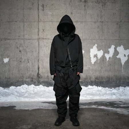 wide pants,archive pants,distorted pants,a man standing in front of a concrete wall wearing a black jacket and pants with a hoodie on, Felix-Kelly, tech wear, cyberpunk art, neo-expressionism, Abdullah Gërguri, promotional image, an album cover, net art man,archive,high fashion,pale skin,torn clothes,scuffs clothes, abrasions clothes ,rubs clothes,dark,90x,bad quality,no face,bandage,scarf hide his face,melted clothes,flowing clothes,blood stains on clothes,abstract forms,ice melted,antarctica,furr,<lora:High_Fashion:1>  <lora:badquality_v02:1>, night time, CCTV, Canon EOS 5D, Polaroid style, iPhone