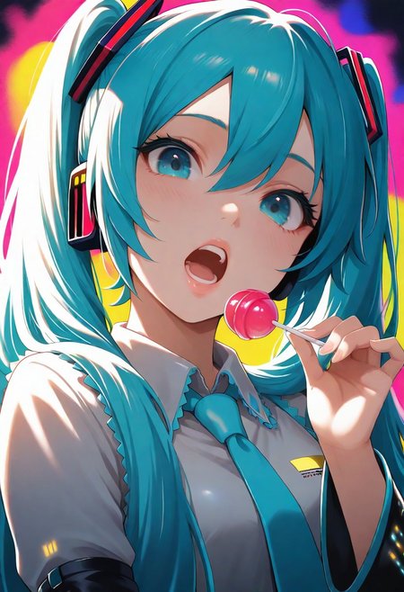 1girl, hatsune_miku, teeth, lips, thin lips, solo, looking at viewer, open mouth, holding lollipop, chupa chups, upper body, from below, back lighting, dark, multicolored background, masterpiece, best quality, very aesthetic