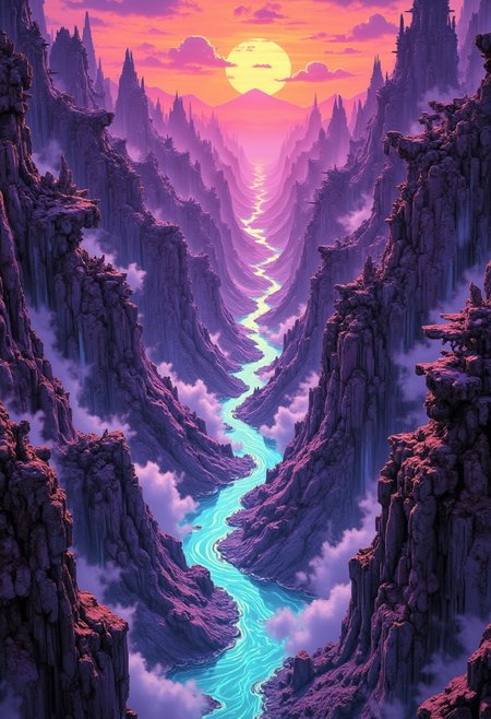 Japanese Manga style Poster, High-altitude aerial vista, labyrinthine canyon with floating, rugged rock formations and a glass-like river winding through phosphorescent hues. Surreal, alien terrain under dramatic, atmospheric twilight featuring intricate textures and vast scale. Nebular purples, deep oranges, and vivid neon accents merge in a celestial panorama as diffused beams of light pierce swirling mists. Fragmented, ancient structures emerge along canyon walls, accentuating the mysterious spatial dynamics. Advanced quality render, 8K resolution, masterpiece level detail, cinematic framing, intricate textures, evocative color palette, and dynamic interplay of shadow and light, emphasizing a grand, expansive composition.
