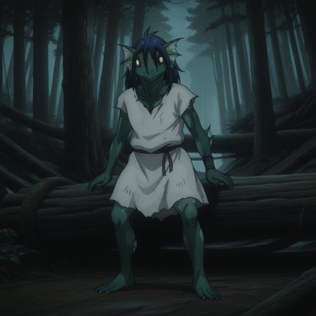 masterpiece, best quality, amazing quality, FishmanslfIL, anthro, green skin, blue hair, head fins, black sclera, yellow eyes, torn clothes, white tunic, standing, in a forest, full body