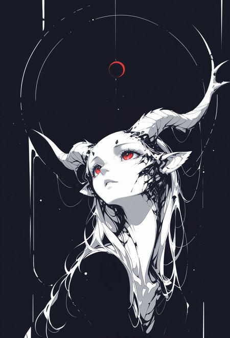 masterpiece, best quality, newest, highres, absurdres,focused subject,no lineart, no outline, solo, red eyes, horns, no humans, looking up, (monochrome, negative space,blending),mid air,three quarter view