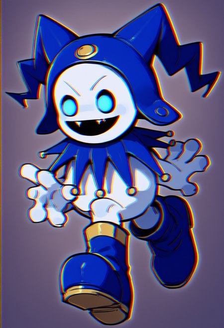 chromatic aberration ,ackfrostsmt, creature, white skin, solid oval eyes, :d, fangs, jester cap, blue footwear, smiling, dark room, glowing eyes,
score_9,score_8_up,score_7_up,source_anime, 
<lora:potat_chromatic_aberration_PDXL_v3:1>  <lora:Jack-Frost-pdxl_Fp:1>