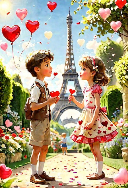 postcard, a little boy gives a little girl a Valentine, in a beautiful garden (holding ((Valentine)), heart) kiss, summer short miniskirt, Paris, Eiffel Tower, Sunny day, detailed faces, lens focus on face, heart-shaped balloons,  flying particles, blurred background, depth of field, ultra quality, 8k, floral dress, floral dress, on parchment