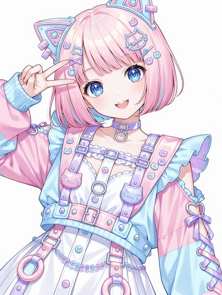 pastel colors theme, cute 1girl,blue eyes, pink bob cut,cat ears,  open mouth smile, head tilt, upper body, fashionable, futuristic outfit,decora futuristic fashion, (white background:1.2), cowboy shot, choker,v on head