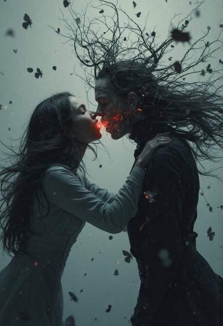Whispering static, hyper-realism, dutch angle, Soft Sea Foam, Charcoal Midnight Gray, dancing, reaching out, desperation, surrealism, cracked light, Blazing Sunset Red, chiaroscuro lighting