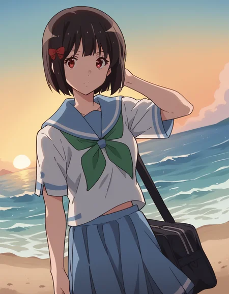 score_9, score_8_up, score_7_up, source_anime, <lora:kanade-hisaishi-movie-ponyxl-lora-nochekaiser:1>, kanade hisaishi, short hair, bangs, black hair, red eyes, bow, hair bow, red bow, medium breasts,, skirt, shirt, school uniform, white shirt, short sleeves, pleated skirt, serafuku, sailor collar, blue skirt, neckerchief, blue sailor collar, school bag, green neckerchief, kitauji high school uniform,, beach, sunset, walking along shore, footprints in sand, waves, peaceful, , hand behind head, , looking at viewer, solo,, dutch angle, cowboy shot