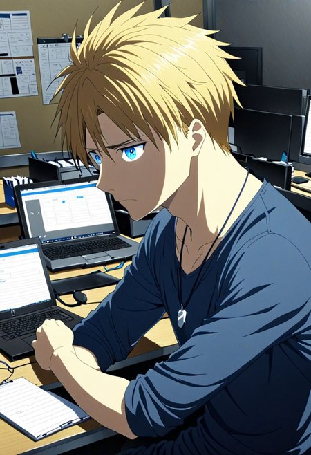 high resolution, solo, best quality, 1Boy, Yamato Ishida, Blond Hair, Blue Eyes, Necklace, worker, working, workstation, concentration, focus, laptop, OverallDetail