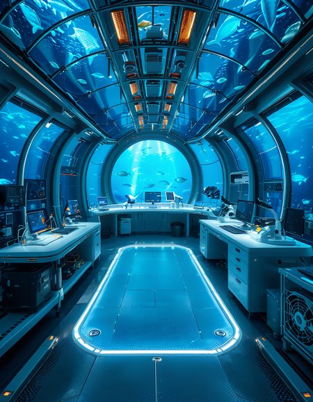 A futuristic underwater research laboratory,underwater research l4b0r4t0ry, located deep beneath the ocean's surface, surrounded by vibrant marine life and illuminated by soft, bioluminescent lighting. The laboratory features large, reinforced glass domes offering a panoramic view of the surrounding blue abyss, with schools of colorful fish and rays of sunlight filtering through the water above. Inside, advanced scientific equipment, glowing computer screens, and researchers in modern wetsuits or lab coats are visible, conducting experiments. The structure is sleek and metallic, with curved, aerodynamic designs to withstand water pressure. Coral reefs and marine plants grow nearby, adding natural beauty. The lighting is a mix of cool, bluish tones, with faint yellow lights from the laboratory windows creating a contrast. The atmosphere is calm yet futuristic, with a focus on scientific exploration and harmony with the marine environment.
<lora:SDXLFaeTastic2400:0.4> <lora:extremely_detailed:0.4> extremely detailed, <lora:underwater_research_l4b0r4t0ry:1>
