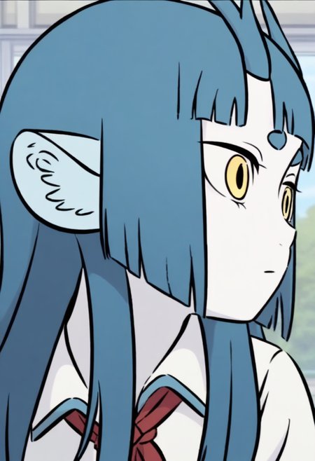 <lora:longnu:1>,longnu,1girl,horns,blue hair,long hair,blunt bangs,yellow eyes,short eyebrows,animal ears,white skin,
shirt,white shirt,school uniform,collared shirt,short sleeves,red neckerchief,, masterpiece,best quality,amazing quality,absurdres, anime screenshot,