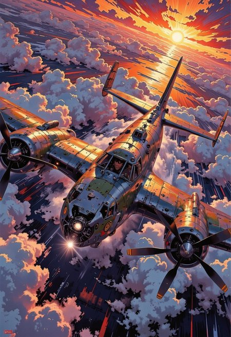 A hyper-detailed 2D illustrator art wallpaper captures the iconic B-27 bomber wandering through a vast, dramatic sky, exuding solitude and timeless power. The sleek, weathered fuselage, forged from dark alloy, reflects the subdued tones of a fiery orange and deep purple sky. The bomber’s iconic twin engines hum faintly, their massive propellers spinning steadily as the aircraft glides effortlessly through the endless expanse. Twin propeller wingspan the front,
Intricate paneling, rivets, and subtle weathering detail the body, telling stories of resilience. Its expansive wingspan casts faint shadows across swirling cloud layers below, while faint insignias hint at its storied past. The cockpit canopy catches a glint of light, adding a subtle human touch as the plane continues its solitary journey. Vivid vibrant color, dark mimic illustrator art.
The backdrop is a cinematic masterpiece of glowing horizons and swirling clouds, blending warm and cool tones. Radiant sunbeams break through, casting light and shadow across the bomber and sky. Rendered in ultra-realistic 32k resolution, this artwork masterfully balances nostalgia with modern illustration, capturing the haunting beauty of the B-27 in flight.