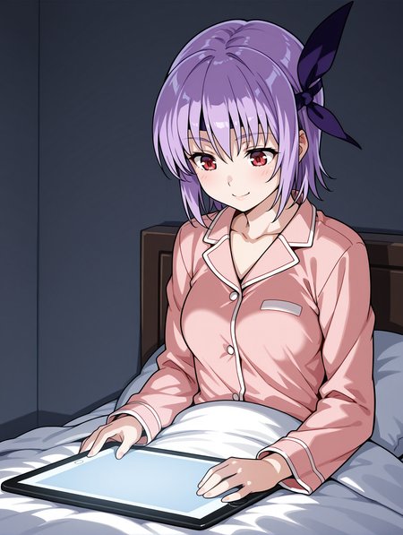 <lora:ayane-illustrious-000004:1> ayane, pajamas, under covers, smile, looking down, tablet pc
masterpiece, best quality