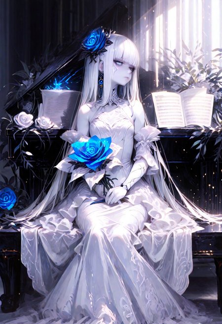 masterpiece, best quality, hyper-realistic, ultra-HD, intricate textures, luminous lighting, cinematic ambiance, shimmering gradients, ethereal glow, deep contrast, soft volumetric fog, subtle particles, radiant reflections, rich color tones, seductive atmosphere, captivating sensuality,
BREAK
plump glossy lips, flushed cheeks, alluring expression,
BREAK
raytracing, volumetric lighting, ambient occlusion, shimmering particles in the air, intricate cinematic background,intimate and seductive, crafted to captivate and seduce. realistic, Cinematic Lighting,Shadow,backlit, backlighting
BREAK
(sexy, slutty, hot, aroused)
Automaton, colored skin, robot girl, (white_skin:2.0), joints, white hair, blue eyes, glowing blue eyes, metal_skin, no nipples, metal_skin, very long hair,
body writing,tattoo, barcode, 
ong_hair, hair_ornament, delicate dress, closed_mouth, jewelry, bare_shoulders, very_long_hair, sitting, full_body, white_hair, delicate flower, earrings, delicate frills, detached_sleeves, indoors, blunt_bangs, hair_flower, white_dress, grey_eyes, book, sleeveless_dress, rose, leaf, frilled_dress, white_flower, plant, instrument, butterfly, blue_flower, bouquet, long_dress, delicate wedding_dress, white_rose, holding_bouquet, piano, hands_on_lap, sheet_music, grand_piano, looking_at_viewer, bloom,light rays,
