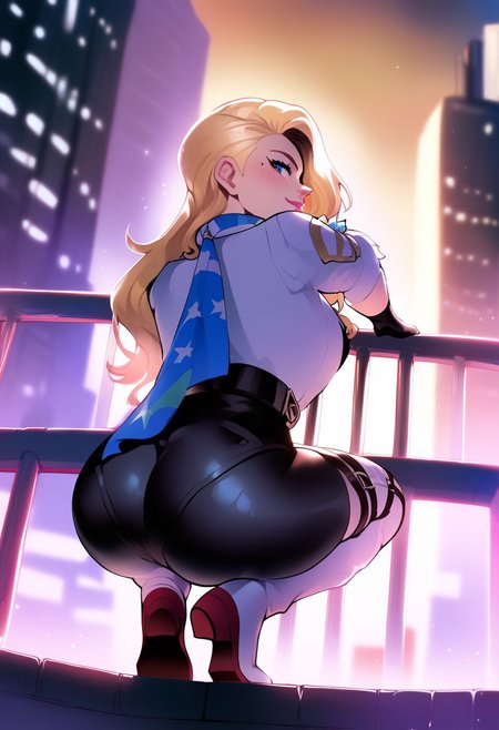 masterpiece, best quality, score_9, score_8_up, score_7_up, 1girl, looking at the viewer, loking behind, tilted head, calm face, city scrappers, futuristic city, rooftop, rooftop rails, hirokosmtii, long hair, blonde hair, mole under eye, blue eyes, thighhigh boots, black bodysuit, legless bodysuit, gartelt belt, scarf, gloves, cleavage, white jacket, garterbelt, leather clothes, playful, crouching, from behind, ass, big butt, hand on lower back, hand on rail, focus in ass,  night, night sky, low angle, full body shot, ambient lighting