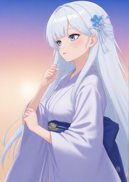 1girl,blue eyes, flag, from side, hair ornament, imperial japanese navy, japanese clothes, japanese flag, kimono, letterboxed, long hair, looking to the side, rising sun flag, solo, sunburst, upper body, white hair, white kimono<lora:oldsickkim:1> zPDXL3