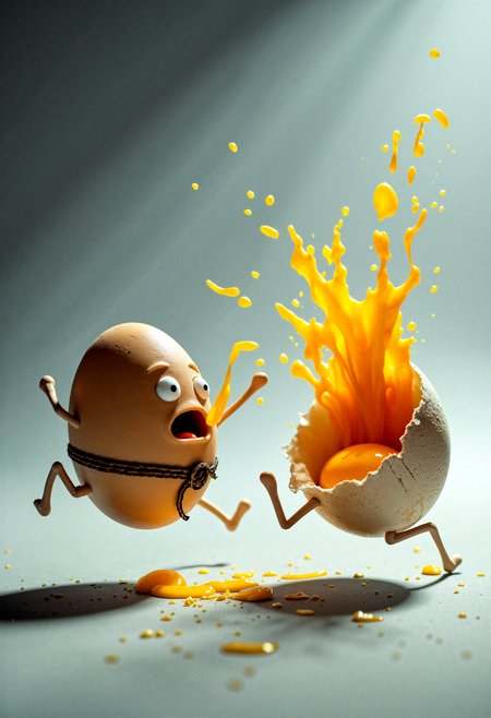 "A surreal yet realistic composition of two anthropomorphic eggs mid-fight. The attacking egg leaps with a dynamic kicking pose, its shell flawless except for subtle stress cracks near the 'leg' area, wearing a cinched karate belt that highlights its action hero persona. The struck egg reacts dramatically, its face etched with exaggerated emotion, as its shell bursts apart, releasing a cascade of golden yolk. The yolk splashes outward in intricate arcs, forming suspended droplets that catch soft highlights, while jagged shell fragments scatter naturally on the smooth gray surface. The lighting is precisely directed, accentuating the eggs' textures and emphasizing the absurdity of the scene, set against a minimalist gray-to-blue gradient background that focuses attention on the action-packed moment."





































