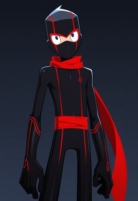 masterpiece,best quality,amazing quality, 
RandyCunningham, 1boy, male focus, solo, blue eyes, ninja, mask, black bodysuit, scarf, red scarf,