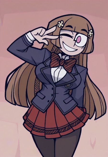Masterpiece, best quality, aesthetic, high resolution, 1girl, solo, female, ren yamai (from komi-can't communicate), long hair, bangs, blunt bangs brown hair, pink eyes, hair ornament, hair clip, skirt, shirt, long sleeves, bow, school uniform, jacket, white shirt, pantyhose, pleated skirt, striped, collared shirt, bowtie, red skirt, blazer, blue jacket, striped bow, striped bowtie, looking at viewer, smile, one eye closed, v with hand,
Vanripper