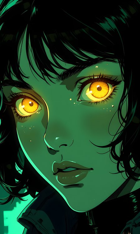 A close-up of a woman's face is the central subject, captured with bold and expressive brushstrokes. 
The camera focuses on her intense gaze, with her eyes highlighted in bright yellow against the dark background. 
The lighting is dramatic, with strong contrasts between light and shadow that emphasize her facial features. 
The green light source appears to be from above, casting shadows that add depth and dimension to her face. From bottom there is a blue ambient light that dimly lighten every thing.
In the background, there are no distinct elements, as the focus remains entirely on her face. The composition centers on her eyes and expression, with the use of vibrant colors and dynamic brushwork creating a powerful and emotional impact. The overall mood is one of intensity and mystery, enhanced by the striking color palette and artistic style.
BREAK anime, d13s3lp2nk, bboil artist style, OBdonman, Anime art, <lora:FLUX\Anime Art V3:0.2>, <lora:FLUX\Synesthesia:0.2>, <lora:FLUX\RetroAnimeS1.1:0.5>, <lora:FLUX\Flux-jijia:0.1>, <lora:FLUX\It's a LoRA for portraits, BUT! actually specialized in backgrounds. v1.0:0.1>, <lora:FLUX\GLSHS:0.2>, <lora:FLUX\Dieselpunk Delight - s0_9 g4:0.4>, <lora:FLUX\OBdonman, anime0style portrait:0.1>