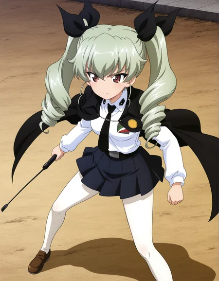 masterpiece, best quality, absurdres, highres,    <lora:anchovy illu:0.85> anchovyillu, black necktie, dress shirt, belt, anzio school uniform, loafers, pleated skirt, black cape, pantyhose, emblem, riding crop, serious, standing, outside, girls und panzer, official art,