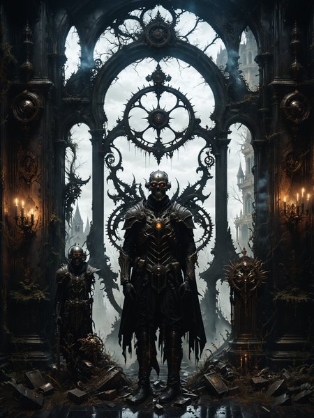 macabre style, digital illustration of Biomechanical guardian protecting ancient artifacts, Mysterious, dilapidated mansion with secret passages in the background,,, dark, gothic, grim, haunting, highly detailed photorealistic, octane render, 8k, unreal engine 5, art by artgerm and greg rutkowski and alphonse mucha   <lora:Misty_Vintage:0.5> <lora:xl_more_art-full_v1:0.5>