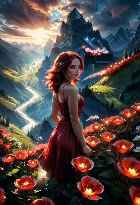 butifl girl, the scarlet flower glows, mountains, magical light,