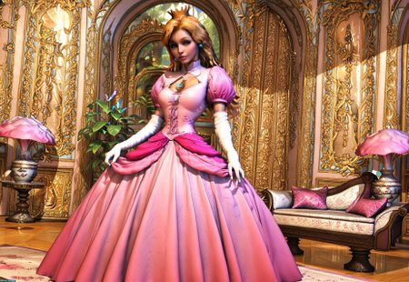score_9, score_8_up, score_7_up,masterpiece,perfect face,high quality,perfect eyes, highly detailed,masterpiece,mbpeach,blue eyes,1girl, dress, solo, blonde hair, gloves, crown, pink dress, elbow gloves, long hair,  jewelry,  out in the garden